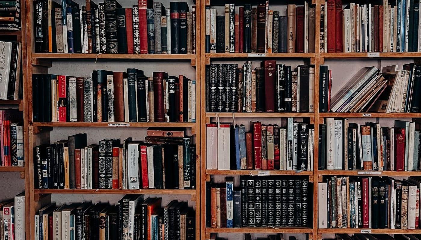 Books arranged on wooden library shelves