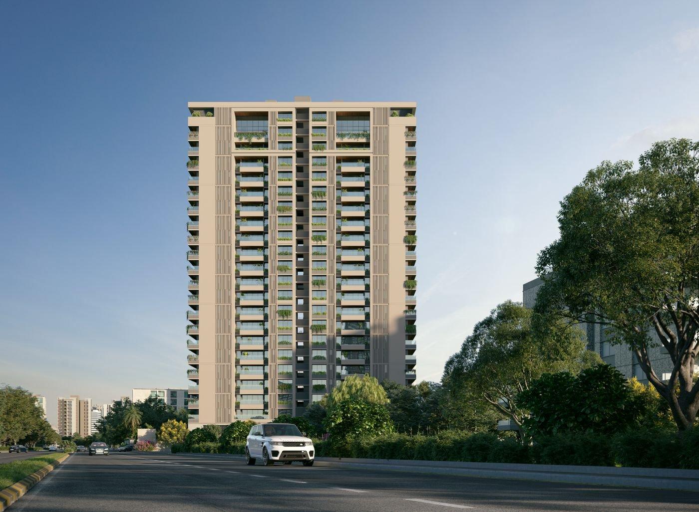 Balconies and landscaped frontage of a residential building in Ahmedabad