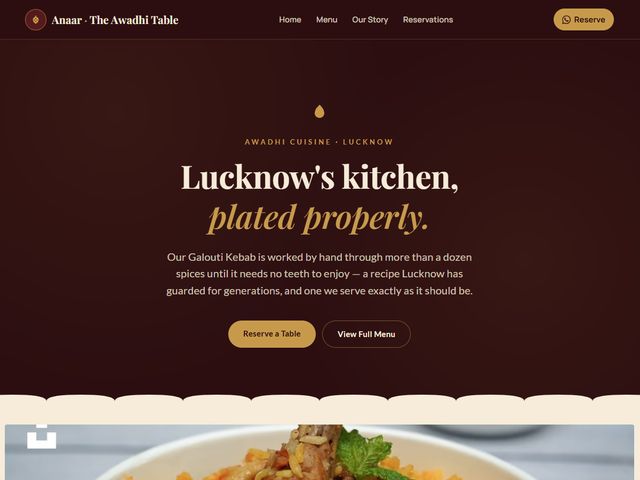 Homepage preview of the Anaar — The Awadhi Table demo, a restaurants website