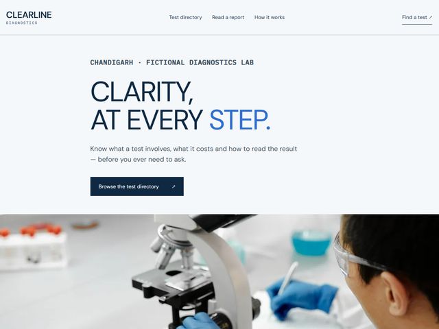 Homepage preview of the Clearline Diagnostics demo, a diagnostics labs website