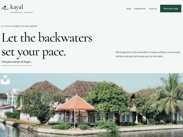 Homepage preview of the Kayal Backwaters Resort demo, a hotels & resorts website