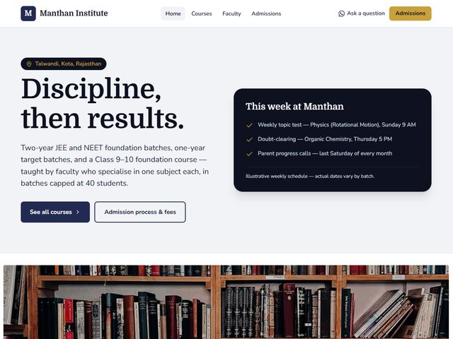 Homepage preview of the Manthan Institute of Competitive Studies demo, a coaching institutes website