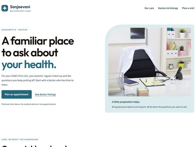 Homepage preview of the Sanjeevani Multispecialty Clinic demo, a clinics website