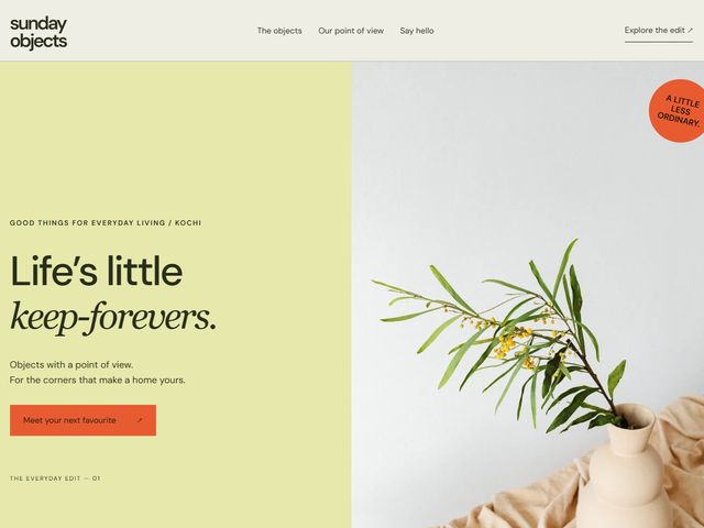 Homepage preview of the Sunday Objects demo, a retail & boutiques website